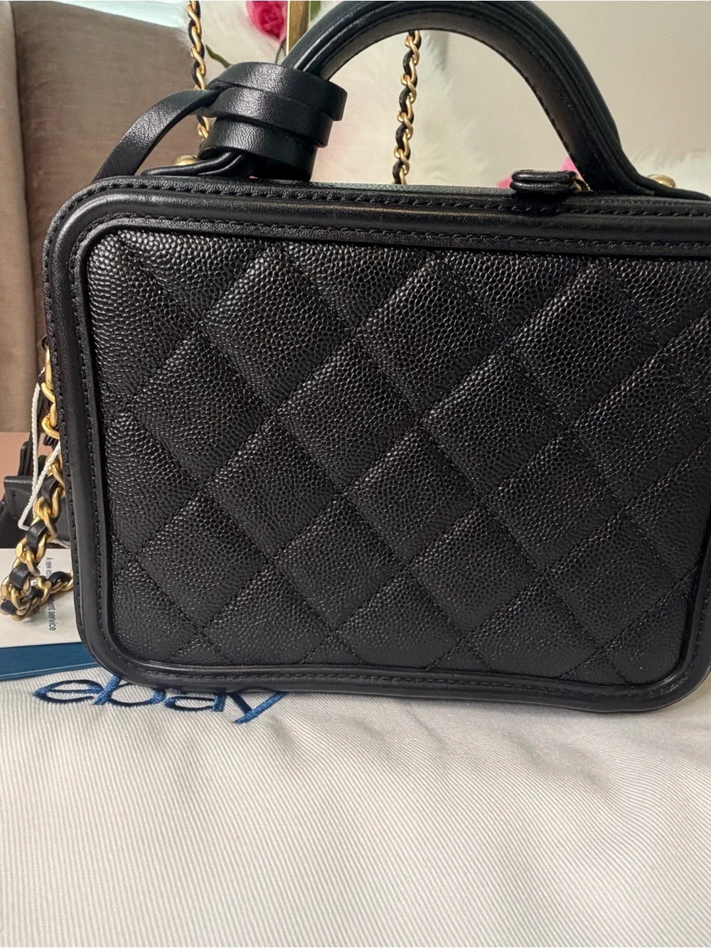 Chanel Filigree CC Vanity Case Small Black Caviar Gold Hardware Triple COA